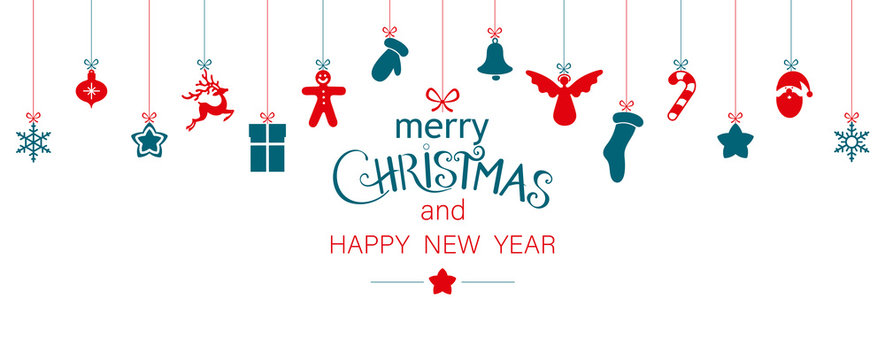 Merry Christmas and Happy New Year banner with colorful holiday decorations.