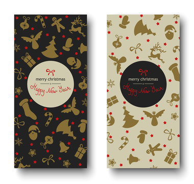Set of Merry Christmas and Happy New Year greeting cards with holiday pattern.
