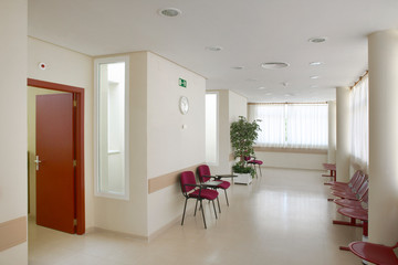 Public building waiting area. Hospital interior detail. Nobody.