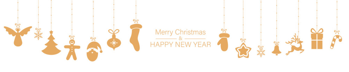 White Christmas and New Year banner with orange festive decorations.