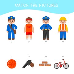 Matching children educational game. Match professions and objects.. Activity for pre shool years kids and toddlers.
