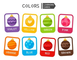 Learn the primary colors. Educational material for children and toddlers. Cartoon christmas balls of different colors.