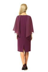 young caucasian business woman executive posing in summer sleeveless formal violet cocktail dress