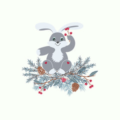 drawing of cartoon rabbit sitting on of fir branches,pine cone and red berries