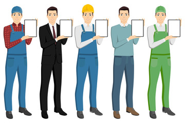 Obraz premium Set of men with a digital tablet. Courier, businessman, worker, casual, farmer. Isolated on white. Vector illustration