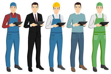 Obraz premium Set of men with a digital tablet. Courier, businessman, worker, casual, farmer. Isolated on white. Vector illustration