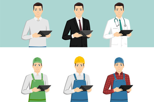 Set of men with a digital tablet. Courier, businessman, worker, casual, farmer, doctor. Vector illustration