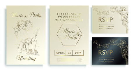 Luxury wedding invitation cards. Luxury wedding invitation frame set; angels, flowers, leaves isolated on gold, white, black background