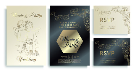 Luxury wedding invitation cards. Luxury wedding invitation frame set; angels, flowers, leaves isolated on gold, white, black background