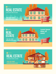 New house purchasing cartoon vector ad banner set with cottage facade and rooms cross section plan illustration. Turnkey housing project offer. Real estate agency, construction company promo flyer