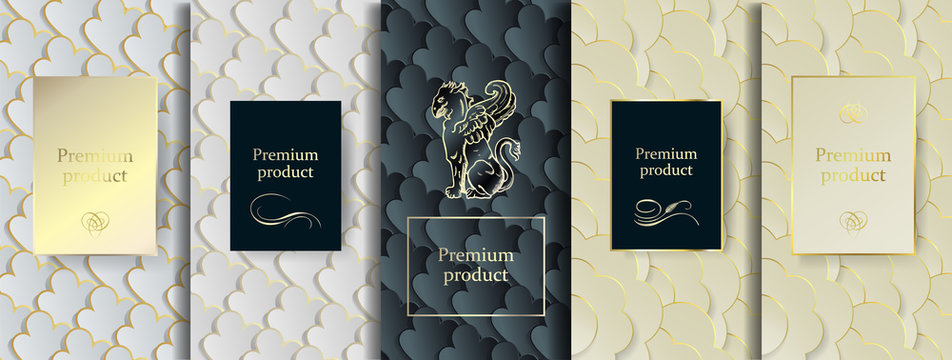 Luxury Premium design. Vector set packaging templates with different texture for luxury products. Collection of design elements, labels, frames, for packaging, with golden foil on black background