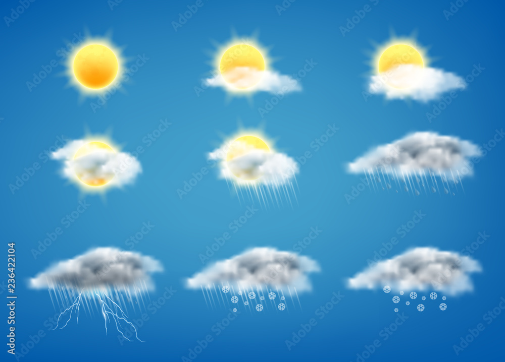 Wall mural vector realistic set of weather forecast icons for web interfaces or mobile apps, isolated on blue b