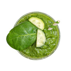 Spinach smoothies. Healthy green juice isolated on white background. Top view