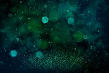 fantastic shining glitter lights defocused bokeh abstract background and falling snow flakes fly, celebratory mockup texture with blank space for your content