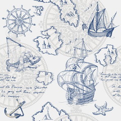 Old caravel, vintage sailboat, sea monster. Monochrome Hand drawn sketch. Vector seamless pattern for boy. Detail of the old geographical maps of sea.