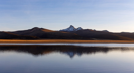 Sunset in Andes. lagoon Huayacota. High Andean landscape in the Andes.