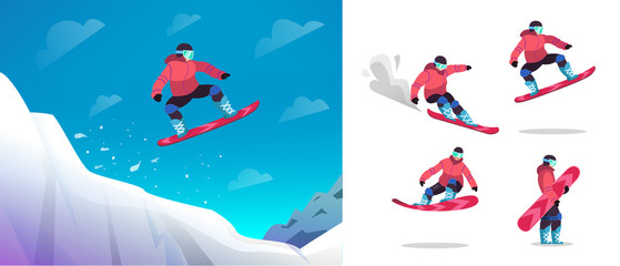 Snowboarder jumps from a springboard. A snowboard athlete performs a trick.   Character set snowboarder in different poses. Isolated vector illustration in   flat style on white background. - obrazy, fototapety, plakaty
