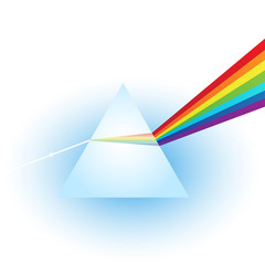 Vector illustration of a triangular transparent optical glass prism. Dispersion or refraction of the white light into the colorful visible spectrum. Physics illustration.