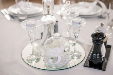 Table served for wedding dinner in restaurant.