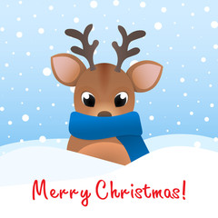Christmas illustration. Banner with lettering. Baby deer in a blue scarf sits in a snowdrift.