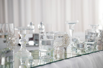 Table served for newlyweds dinner in restaurant.