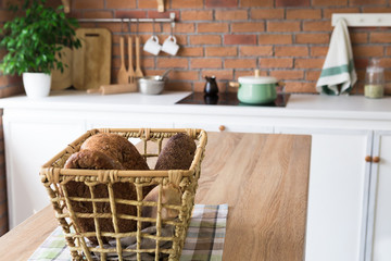 Fresh bread on table, concept of homemade bakery.