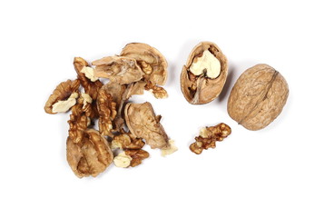 Fototapeta na wymiar Cracked walnuts, isolated on white background, top view