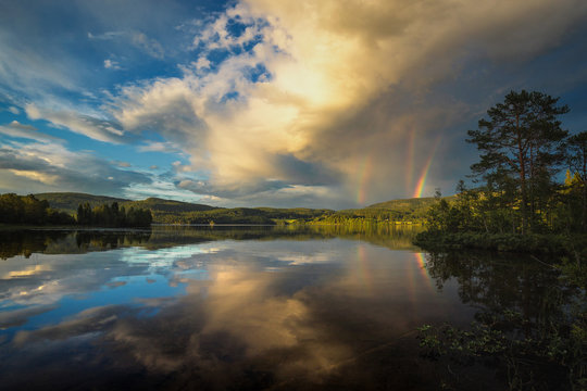 Rainbow above Jonsvatnet lake, Trondheim, Norway