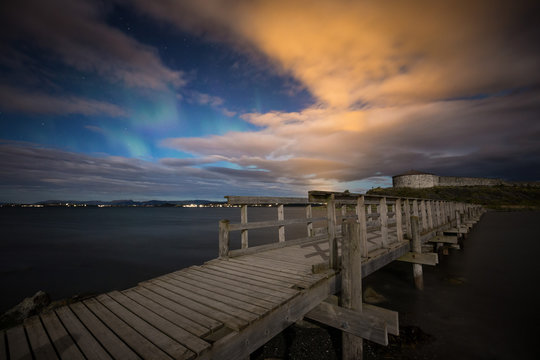 Night sky over Steinvikholmen castle, Norway.