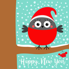 Happy New Year. Bullfinch winter bird on rowan rowanberry sorb berry tree branch. Red Santa hat. Merry Christmas. Candy cane. Cute cartoon baby character. Flat design. Blue snow flake background.