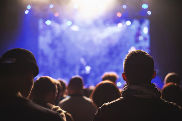 Silhouettes of a concert crowd in front of an illuminated stage in a nightclub.