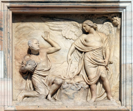 Gideon being called by God to deliver Israel from the Midianites, marble relief on the facade of the Milan Cathedral , Duomo di Santa Maria Nascente, Milan, Lombardy, Italy