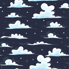 Cartoon style clouds. Dark sky background. Hand drawn colored vector seamless pattern