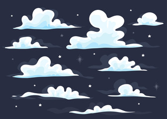 Cartoon style clouds. Dark sky background. Hand drawn colored vector set. All elements are isolated