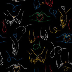 One line drawn colored holding hands. Saint Valentine's day vector seamless pattern. Black background