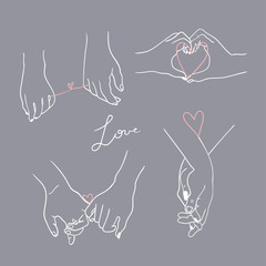 One line drawn holding hands. Saint Valentine's day vector set. Grey background. All elements are isolated