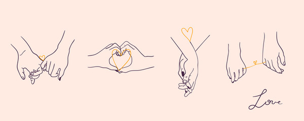 One line drawn holding hands. Saint Valentine's day vector set. Pink background. All elements are isolated - obrazy, fototapety, plakaty