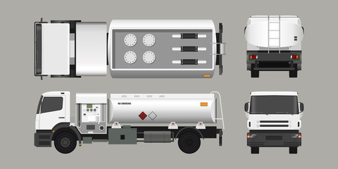Air fuel truck. Front, side, top and back view. Maintenance of aircraft. Airfield transport. Tanker for airplane. Industrial 3d realistic blueprint