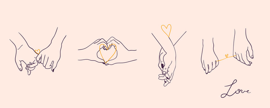 Naklejka One line drawn holding hands. Saint Valentine's day vector set. Pink background. All elements are isolated