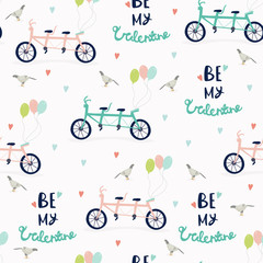 Be my Valentine. Tandem bicycle with balloons. Colored vector seamless pattern