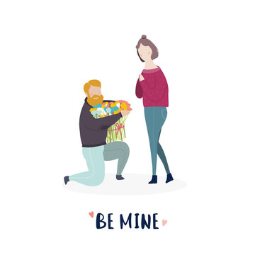 Be Mine! St Valentine's greeting card. Couple in love. Colored vector illustration