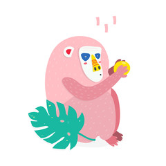Hand drawn pink monkey in unique trendy style. Colored vector illustration