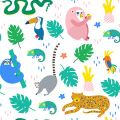 Hand drawn various jungle animals in unique trendy style. Colored vector seamless pattern