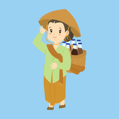 Indonesian woman, Javanese traditional herbal drink seller. Jamu gendong seller cartoon vector.