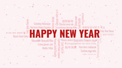 Happy New Year text with word cloud on a white background