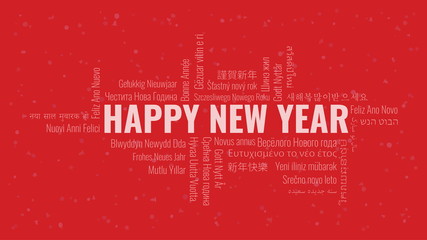 Happy New Year text with word cloud on a red background