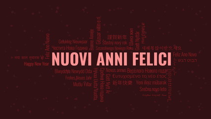 Obraz premium Happy New Year text in Italian 'Nuovi Anni Felici' with word cloud on a dark background