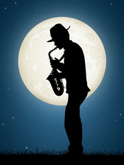 man plays the saxophone in the moonlight