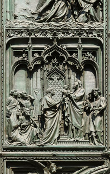 The Presentation Of Jesus At The Temple, Detail Of The Main Bronze Door Of The Milan Cathedral, Duomo Di Santa Maria Nascente, Milan, Lombardy, Italy