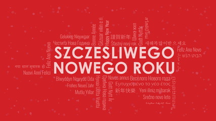 Happy New Year text in Polish 'Szczesliwego Nowego Roku' with word cloud on a red background